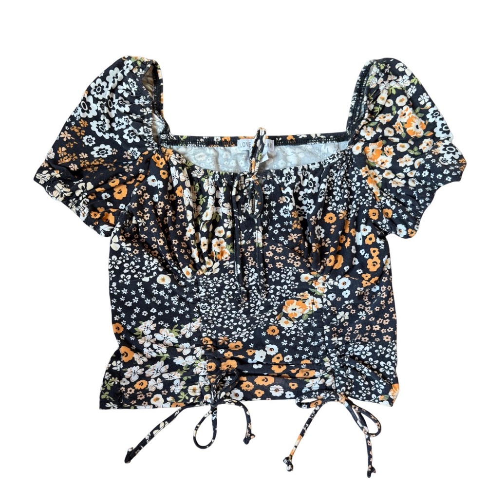 Floral Puff Sleeve Crop Top - Black/Orange
